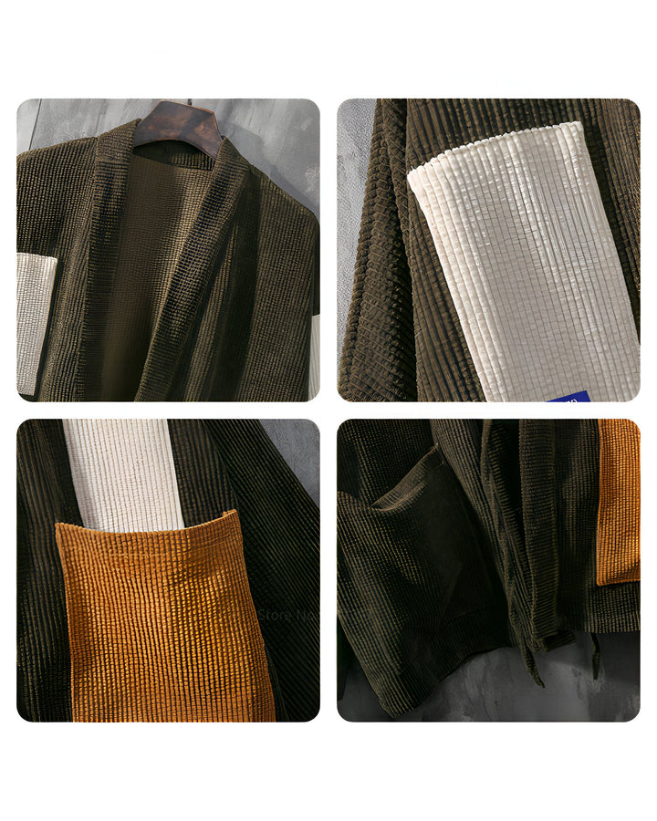 Gros plan d'un kimono en velours côtelé vert olive avec des poches contrastantes crème et moutarde. Vêtements japonais modernes et élégants à découvrir.