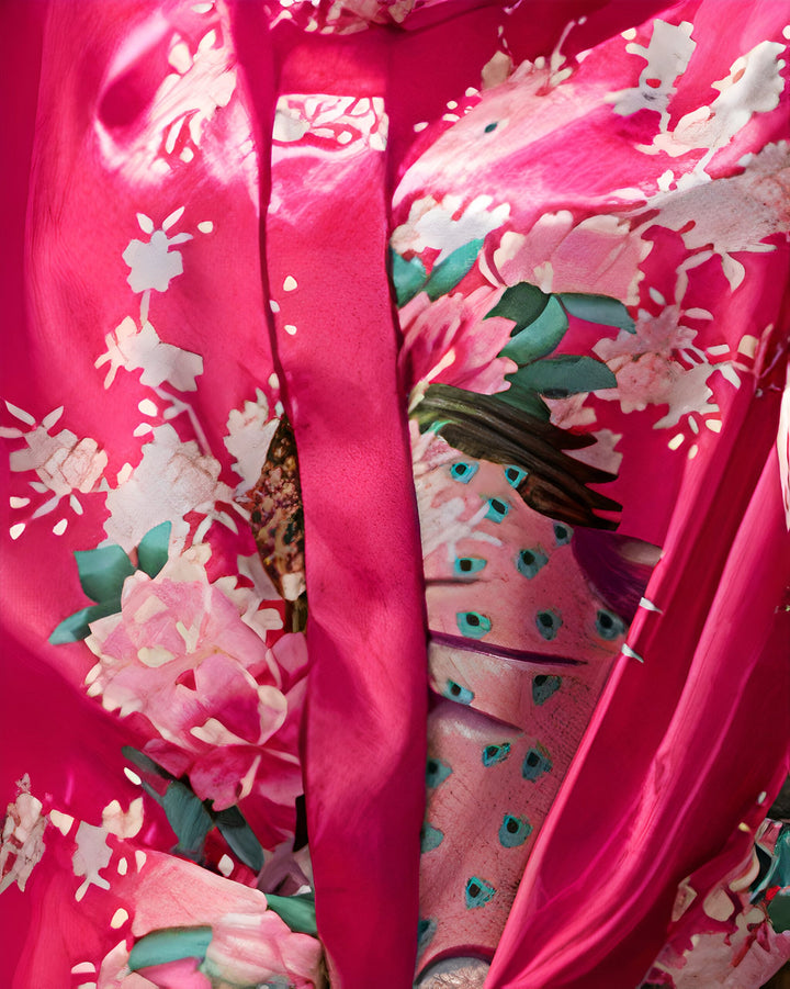 Gros plan sur un kimono rose vif avec des motifs floraux et des plumes de paon. Tissu soyeux et couleurs éclatantes. Vêtement japonais traditionnel en vente.