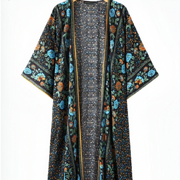 Kimono long noir à motifs floraux bleus et orange. Vêtement ample et léger, idéal pour l'été. Collection de kimonos pour femmes.