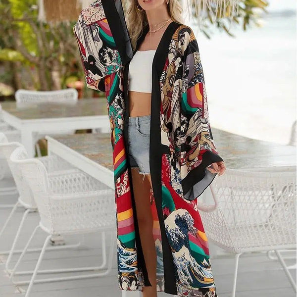 Femme portant un kimono long et coloré avec des motifs japonais traditionnels. Kimono à imprimé artistique pour un look bohème chic. Notre collection de kimonos uniques et élégants.