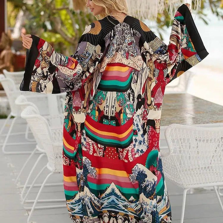 Femme portant un kimono coloré à motifs japonais traditionnels. Vêtements de style kimono à vendre.