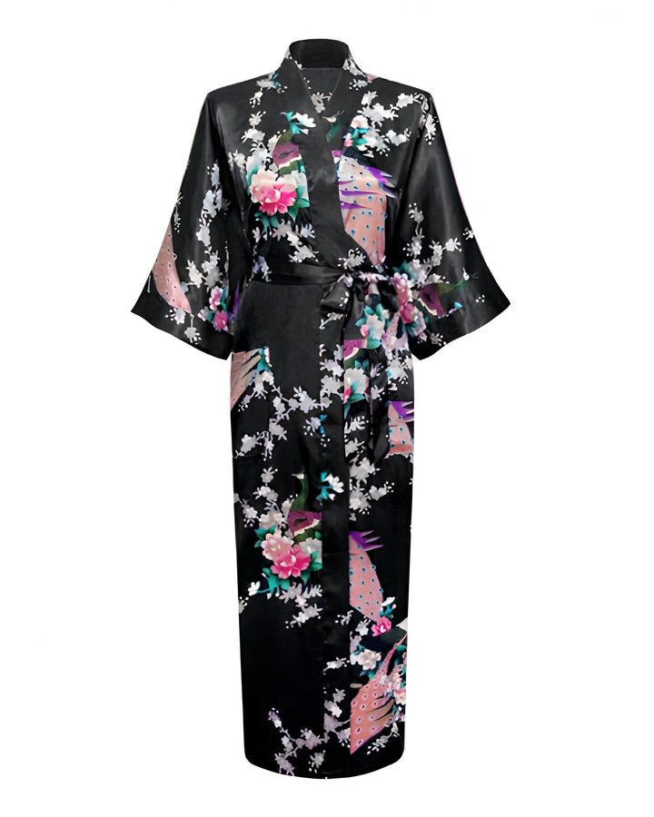 Kimono noir à motifs floraux et paons, ceinture assortie. Vêtement traditionnel japonais en soie. Idéal pour se détendre avec élégance.