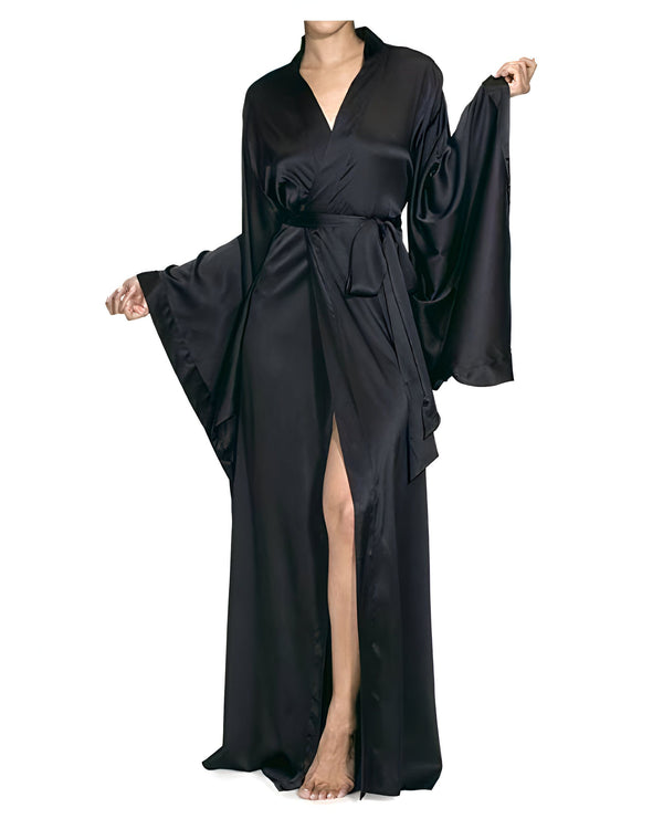 Kimono long en soie noire avec manches larges et ceinture. Vêtements d'intérieur élégants. Découvrez notre collection de kimonos.