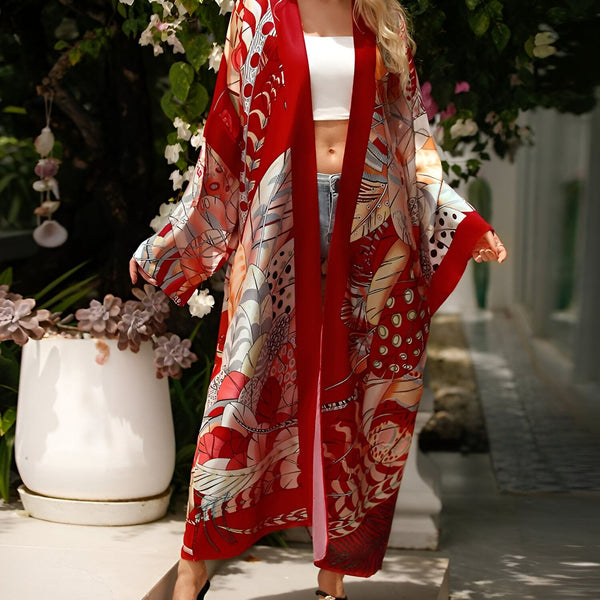 Kimono rouge à motifs, idéal pour un look bohème chic. Vêtements style japonais pour femme. Découvrez notre collection de kimonos élégants et confortables.