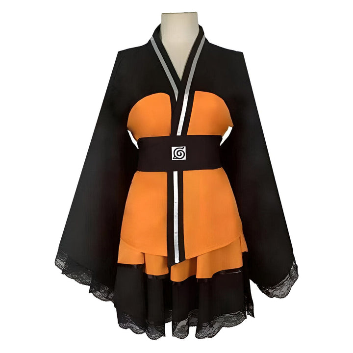 Kimono Naruto élégant, noir et orange avec obi noir. Idéal pour cosplay ou un look unique. Découvrez notre collection de kimonos inspirés.