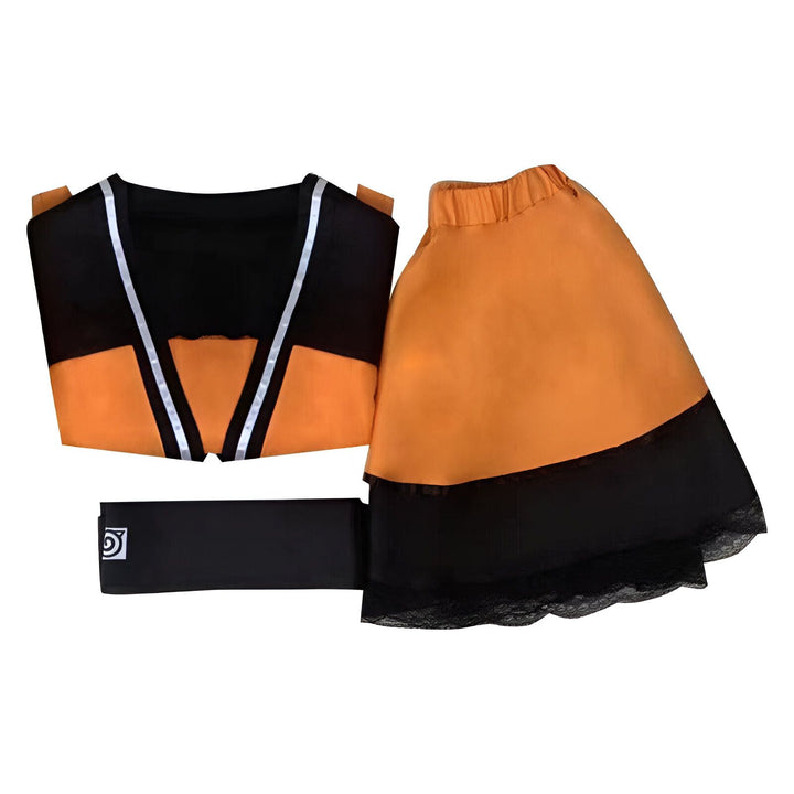 Ensemble kimono deux pièces : haut noir et orange avec détails argentés, jupe orange et noire avec bordure en dentelle, ceinture noire. Vêtements traditionnels japonais à vendre.