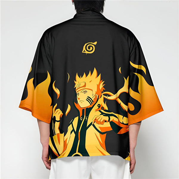 Kimono Naruto noir et orange, vêtement de style japonais avec motif manga. Découvrez notre collection de kimonos uniques.