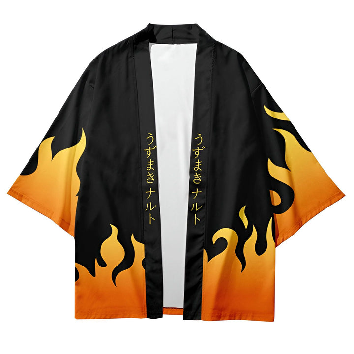 Kimono noir avec motifs de flammes orange et inscription japonaise. Vêtement de style traditionnel japonais, idéal pour un look unique et tendance. Découvrez notre collection de kimonos !