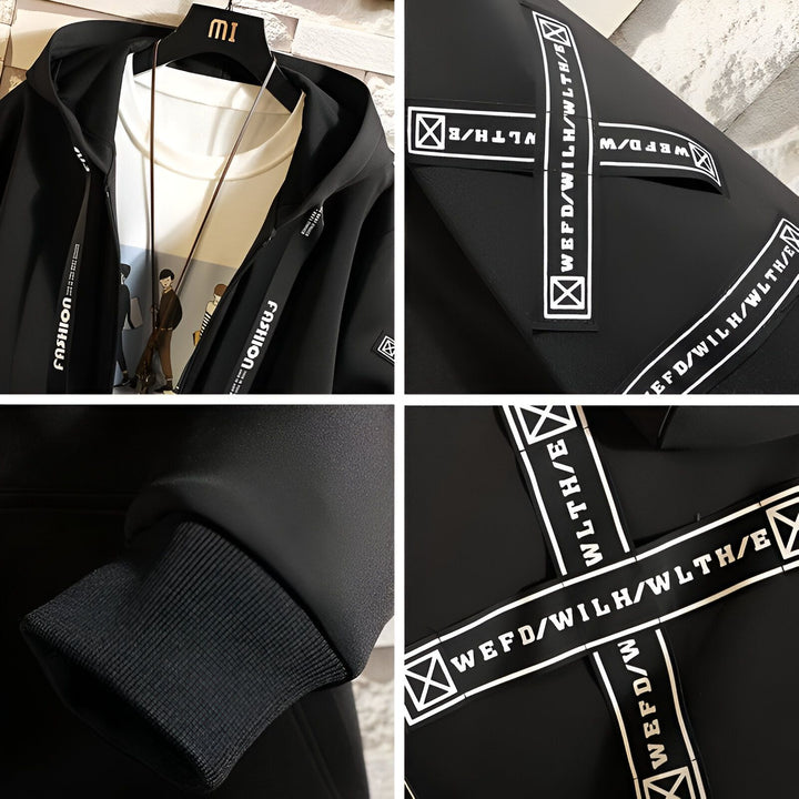 Détails d'un kimono noir à capuche avec des motifs graphiques modernes. Gros plan sur les textures et les détails de conception. Mode kimono revisitée.