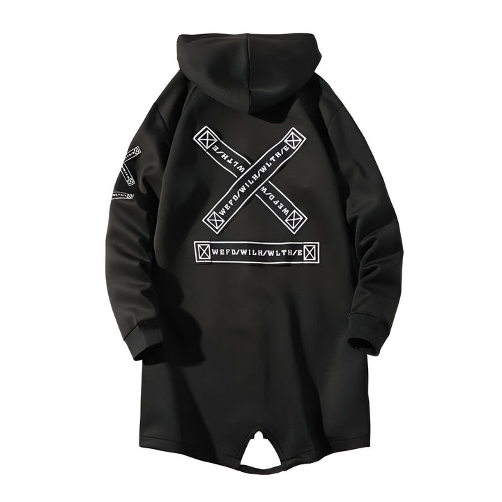 Kimono long noir à capuche avec imprimés graphiques. Vêtement style streetwear, idéal pour un look décontracté et moderne.