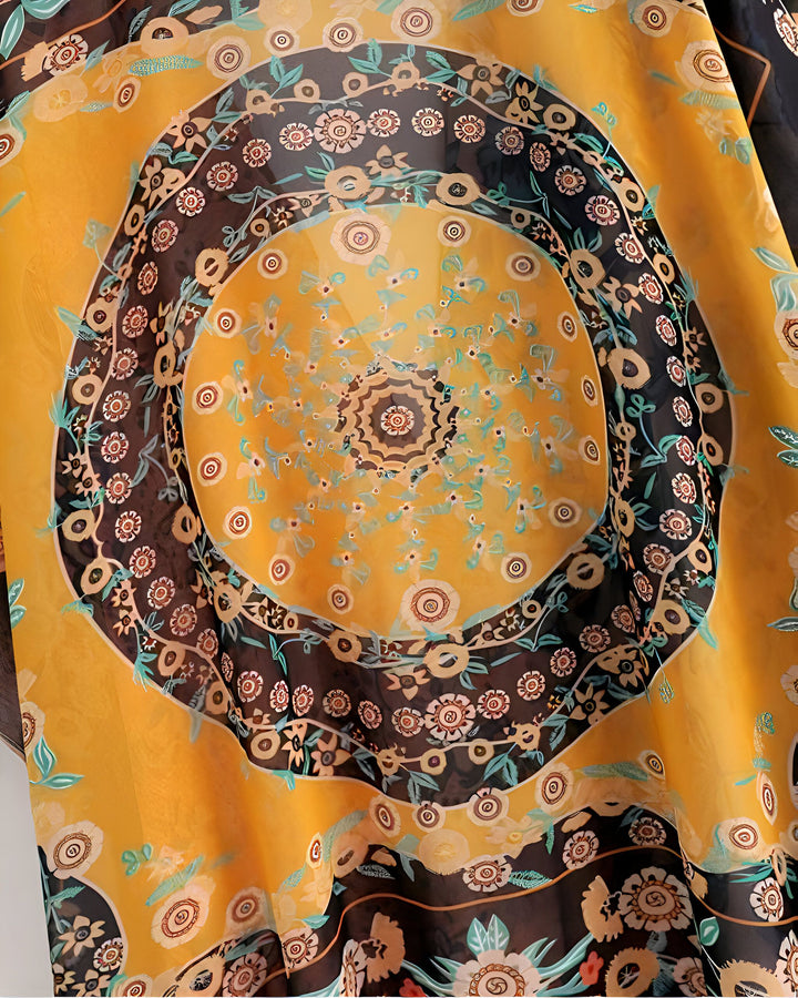 Détail d'un kimono jaune moutarde avec motifs floraux circulaires noirs et beige. Vêtement léger et tendance. Idéal pour compléter une tenue bohème chic.