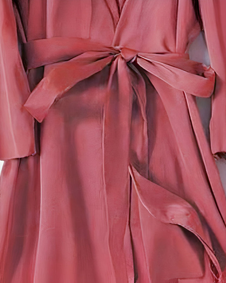 Détail d'un kimono rose noué à la taille. Texture délicate et luxueuse. Parfait pour un look élégant et confortable. Découvrez notre collection de kimonos uniques.