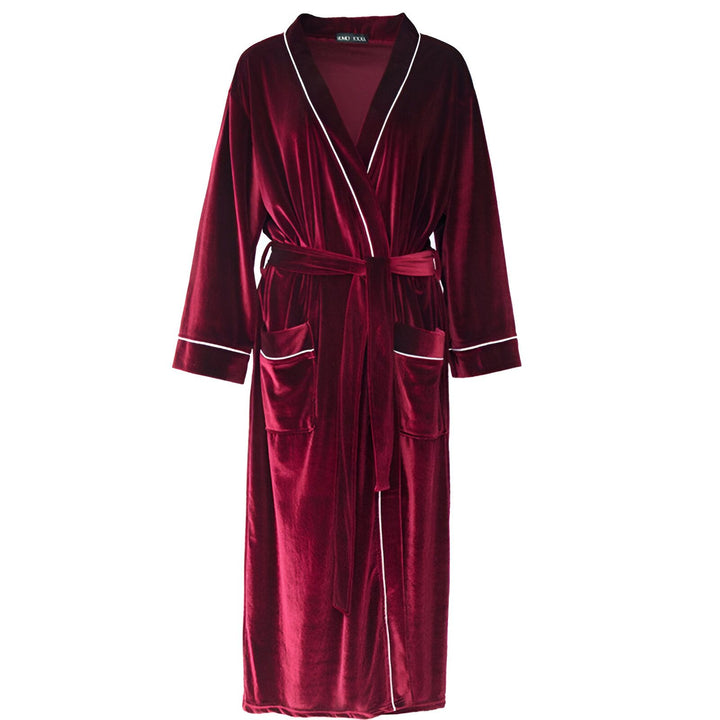 Kimono long en velours bordeaux avec ceinture et bordure blanche. Vêtement d'intérieur élégant et confortable. Découvrez notre collection de kimonos de qualité.