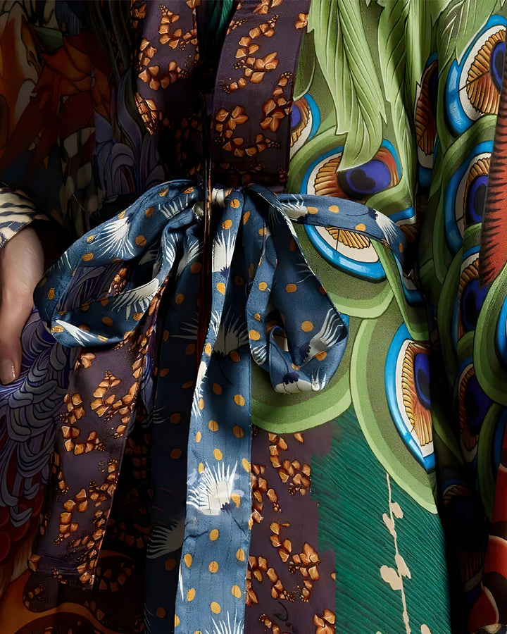 Kimono multicolore avec motifs floraux et de plumes, ceinture bleue nouée. Détail d'un vêtement de style japonais, parfait pour ajouter une touche d'élégance à votre garde-robe. Découvrez notre collection de kimonos uniques.