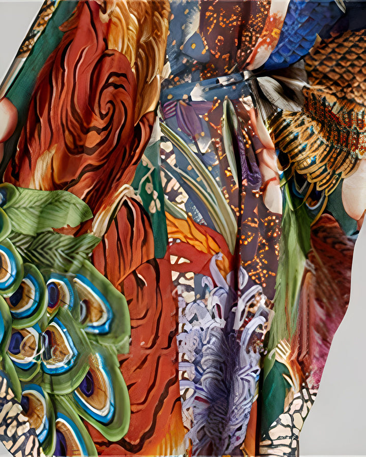 Gros plan d'un kimono avec motifs éclatants : plumes de paon, rayures de tigre, fleurs luxuriantes et motifs d'oiseaux. Idéal pour ceux qui cherchent un kimono unique et artistique. Découvrez notre collection de kimonos imprimés.