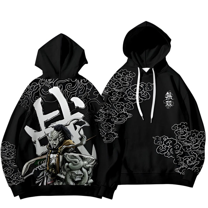 Sweat à capuche noir avec motifs japonais, idéal pour compléter votre look kimono. Détails complexes et design unique. Découvrez notre collection de vêtements japonais!