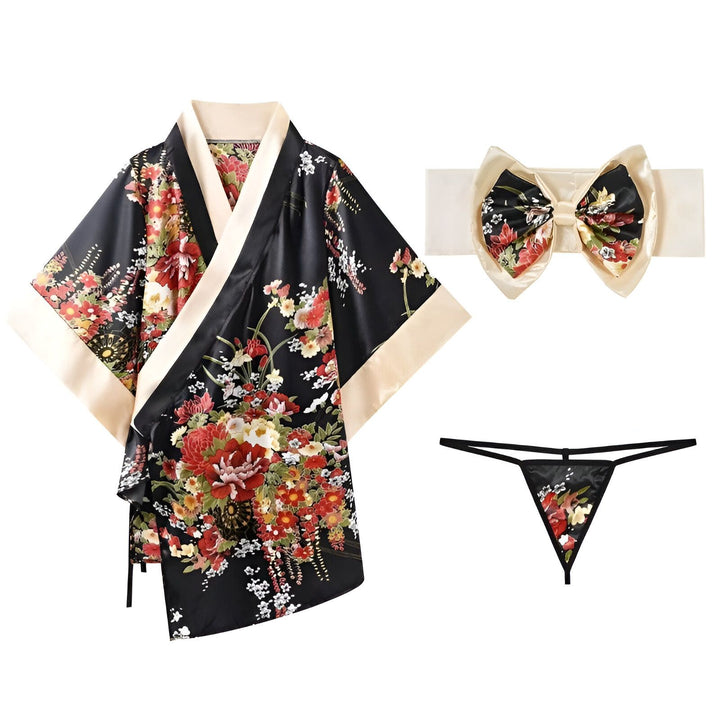 Ensemble kimono pour femmes : kimono noir à fleurs, ceinture obi avec nœud papillon, string assorti. Vêtements de nuit kimono élégants et confortables. Boutique de kimonos en ligne.