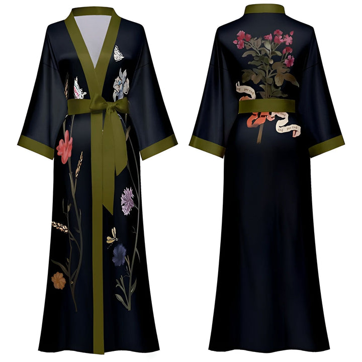 Kimono noir avec motifs floraux, vue de face et de dos. Ceinture verte assortie. Vêtement de style japonais élégant et fleuri. Parfait pour un look sophistiqué.