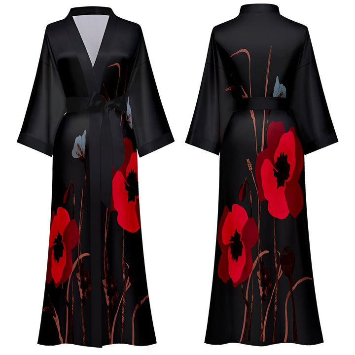 Vue avant et arrière d'un kimono noir orné de motifs floraux rouges. Kimono avec ceinture à nouer. Vêtements de style japonais.