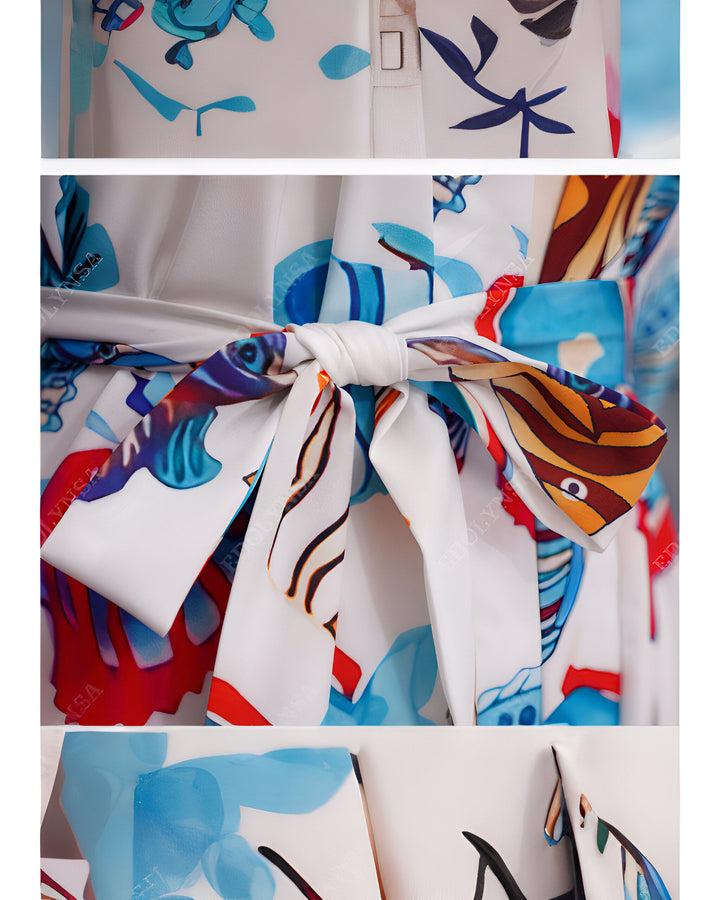 Détail d'un kimono blanc imprimé avec une ceinture nouée. Motifs colorés (bleu, rouge, orange) représentant des poissons et des motifs floraux. Idéal pour un look unique et élégant. Découvrez notre collection de kimonos !