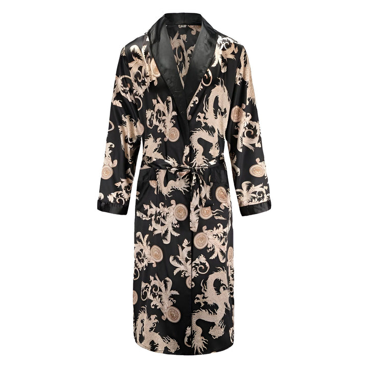 Kimono long noir et or avec motifs dragons et ceinture. Vêtement d'intérieur élégant de notre collection.