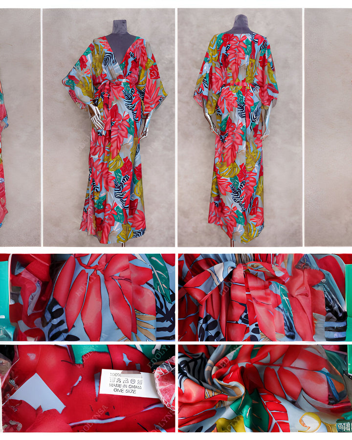 Kimono long fleuri rouge, bleu et vert présenté sur un mannequin. Vente de kimonos.
