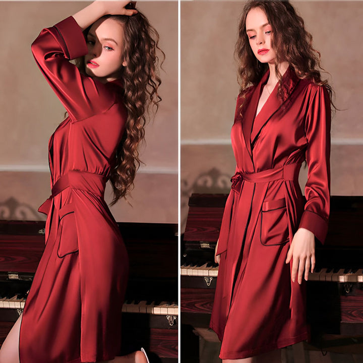 Kimono rouge en soie pour femme. Élégance et confort. Peignoir de style japonais pour se détendre avec style. Vêtements d'intérieur raffinés.