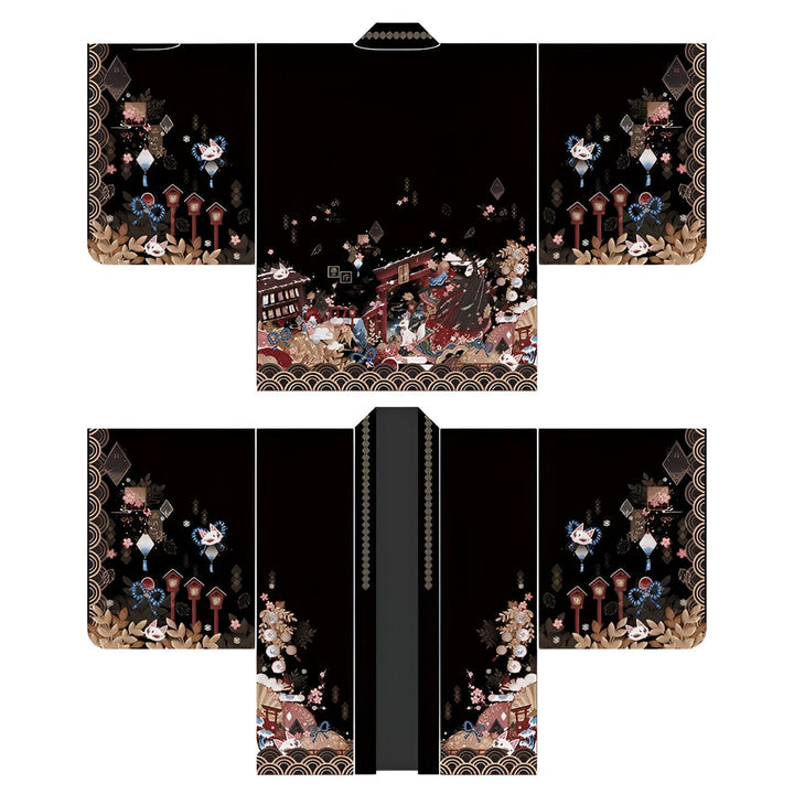 Motif de kimono japonais noir avec des scènes traditionnelles et florales. Vêtement japonais élégant à découvrir.