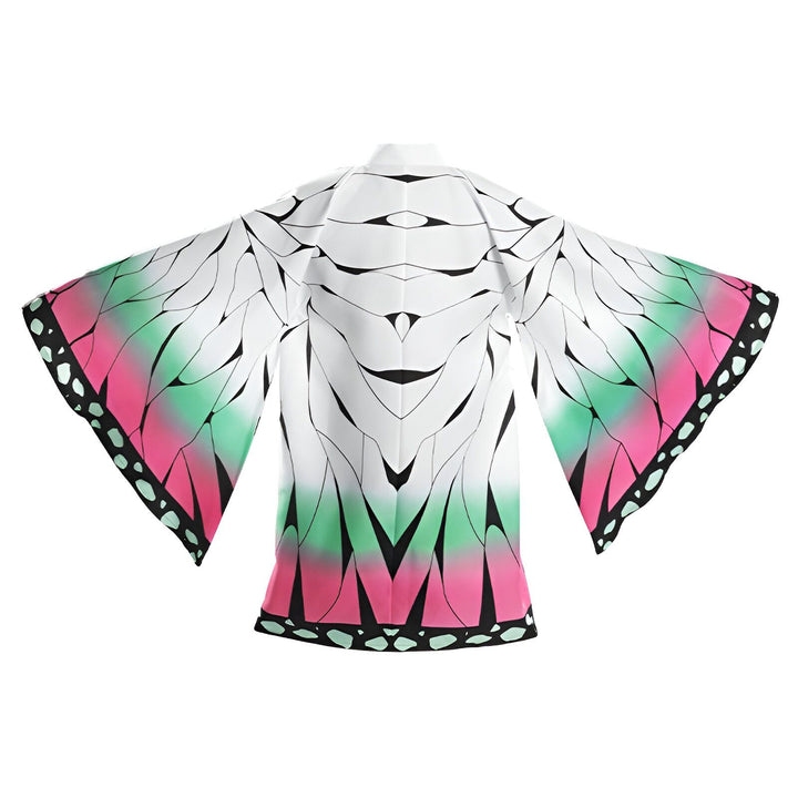Dos d'un kimono blanc avec motif d'ailes de papillon vertes et roses. Kimonos uniques à découvrir.