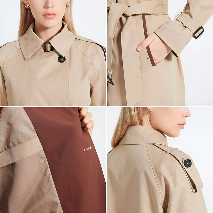 Détails d'un trench-coat beige : col, poche, ceinture et doublure marron. Style intemporel, élégance assurée. Parfait avec nos kimonos.