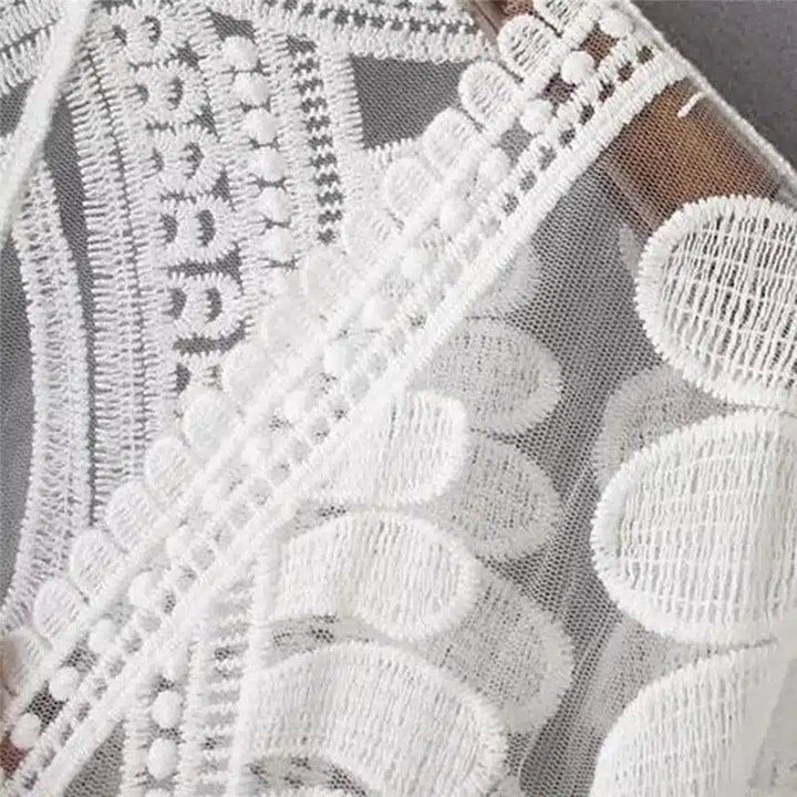 Détail de la dentelle blanche d'un kimono. Motif floral délicat et féminin. Idéal pour un look bohème ou romantique. Découvrez notre collection de kimonos en dentelle.