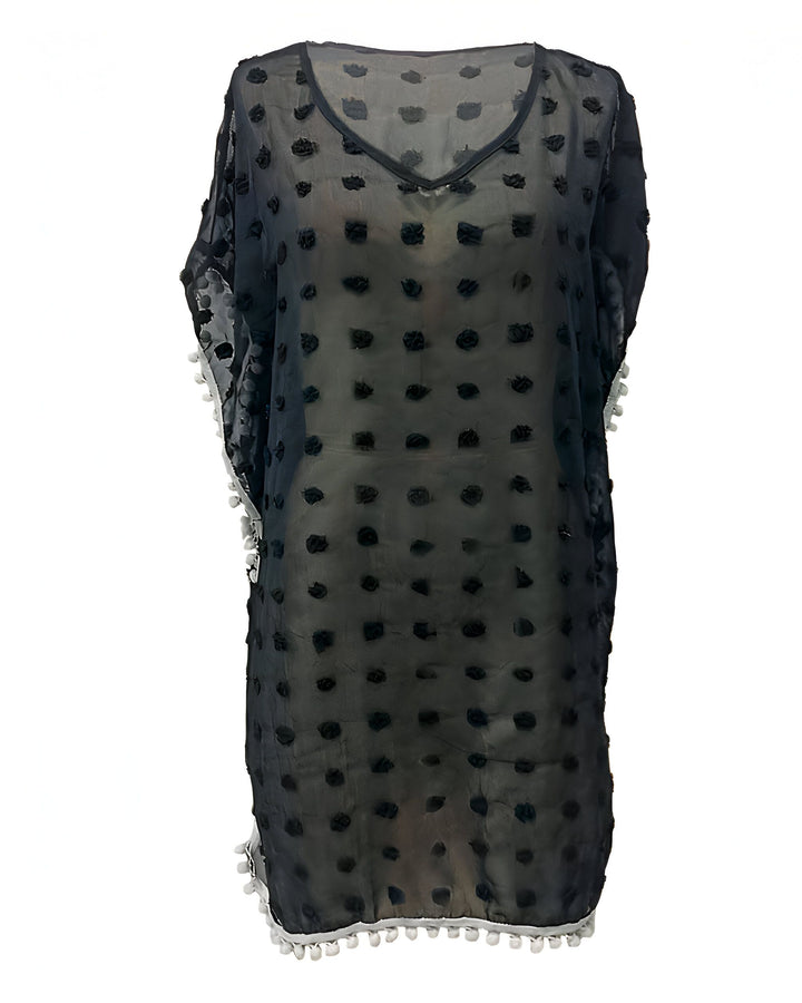 Kimono noir transparent à pois et pompons blancs, idéal comme vêtement de plage ou d'intérieur. Découvrez notre collection de kimonos uniques et élégants.