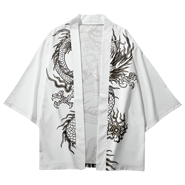 Kimono blanc avec motif de dragon noir. Vêtement japonais traditionnel revisité. Idéal pour un style unique et moderne. Découvrez notre collection de kimonos imprimés.