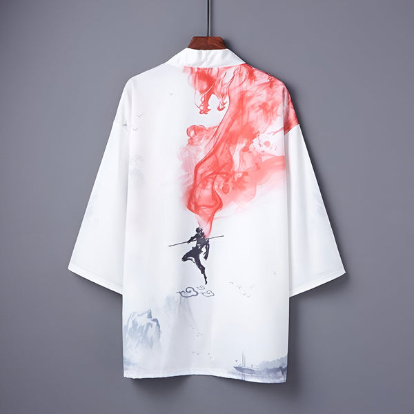 Kimono blanc à motif imprimé de Monkey King avec des détails rouges fumés. Vêtement de style japonais idéal pour un look unique et tendance. Découvrez notre collection de kimonos originaux.