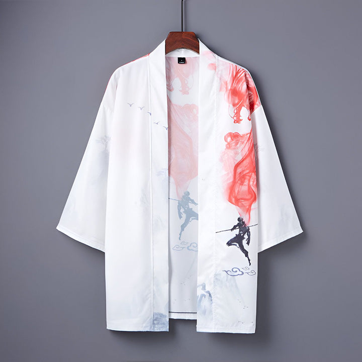 Kimono blanc avec motif japonais imprimé. Vêtement ample, idéal comme veste légère ou peignoir. Style traditionnel revisité. Disponible sur notre boutique de kimonos.