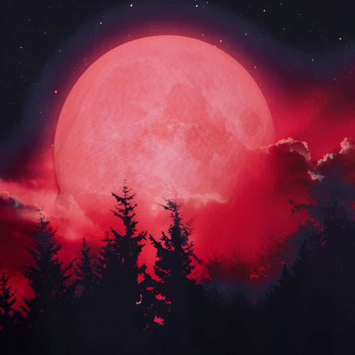 Motif kimono : pleine lune rougeoyante sur une forêt sombre. Ambiance nocturne et mystique. Idéal pour un style japonais unique.