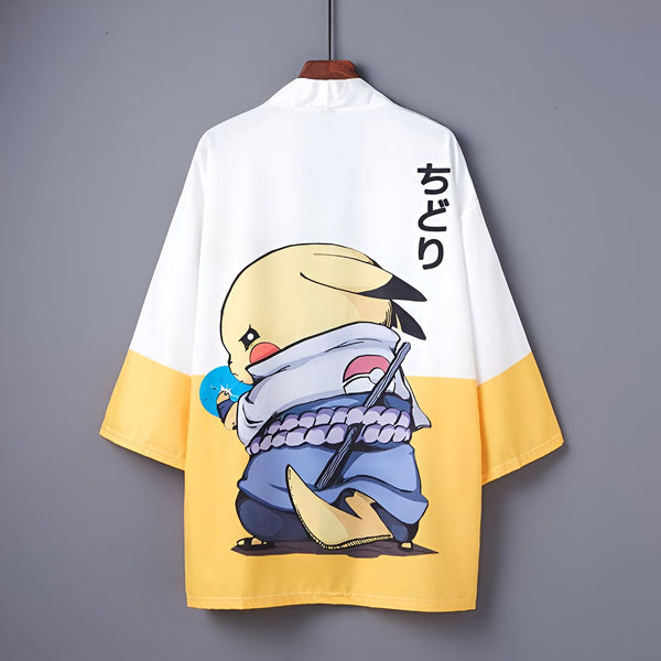 Kimono blanc et jaune avec imprimé Pikachu Naruto. Vêtement de style japonais, parfait pour les fans d'anime et de mode. Découvrez notre collection de kimonos uniques.