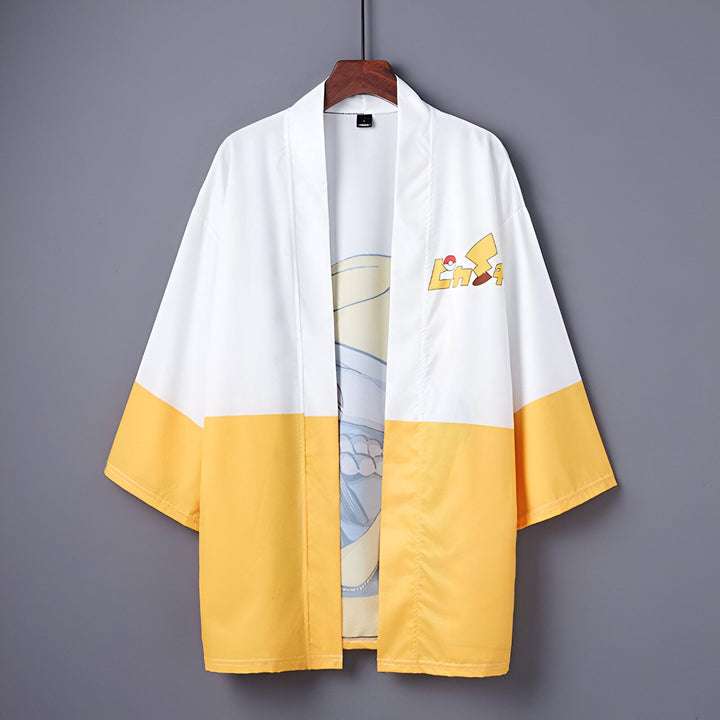 Kimono blanc et jaune avec un motif de Pokémon. Vêtement de style japonais, idéal pour un look original et confortable. Découvrez notre collection de kimonos uniques.