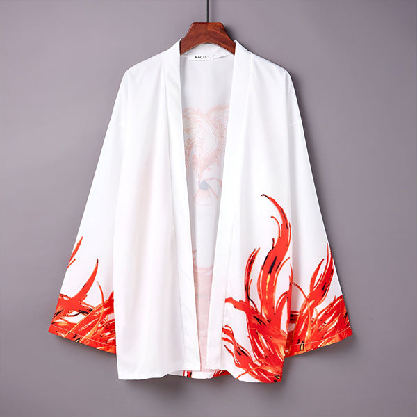 Kimono blanc avec motifs de flammes rouges et imprimé oiseau stylisé à l'intérieur. Vêtement ample et léger, parfait pour un style japonais moderne et décontracté. Découvrez notre collection de kimonos uniques.
