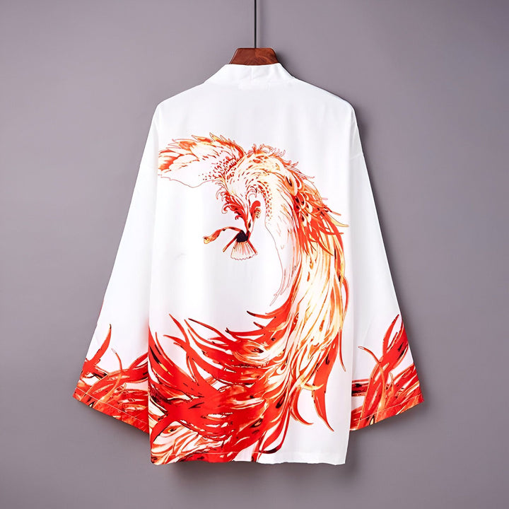 Kimono blanc avec motif d'oiseau phoenix rouge. Vêtement de style japonais à manches larges. Idée cadeau pour les amoureux du Japon. Boutique en ligne de kimonos.
