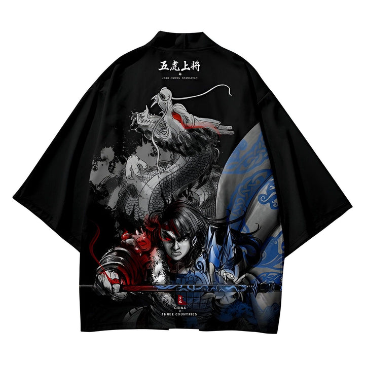 Kimono noir avec un imprimé complexe représentant un guerrier chinois, un dragon et des motifs asiatiques. Vêtement de style japonais, idéal pour un look tendance et original. Découvrez notre collection de kimonos uniques.