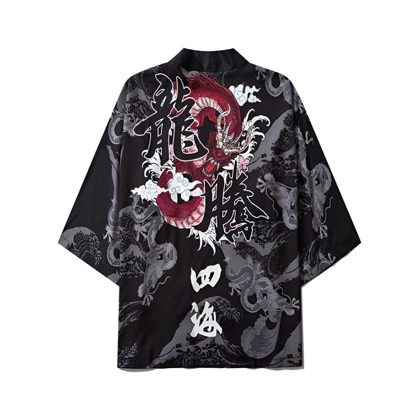 Kimono noir avec motif de dragon rouge et caractères japonais. Vêtement de style japonais unique et élégant. Découvrez notre collection de kimonos authentiques.