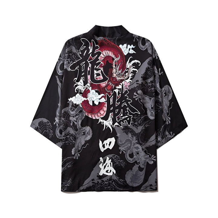 Kimono noir avec motif de dragon rouge et caractères japonais. Vêtement de style japonais unique et élégant. Découvrez notre collection de kimonos authentiques.
