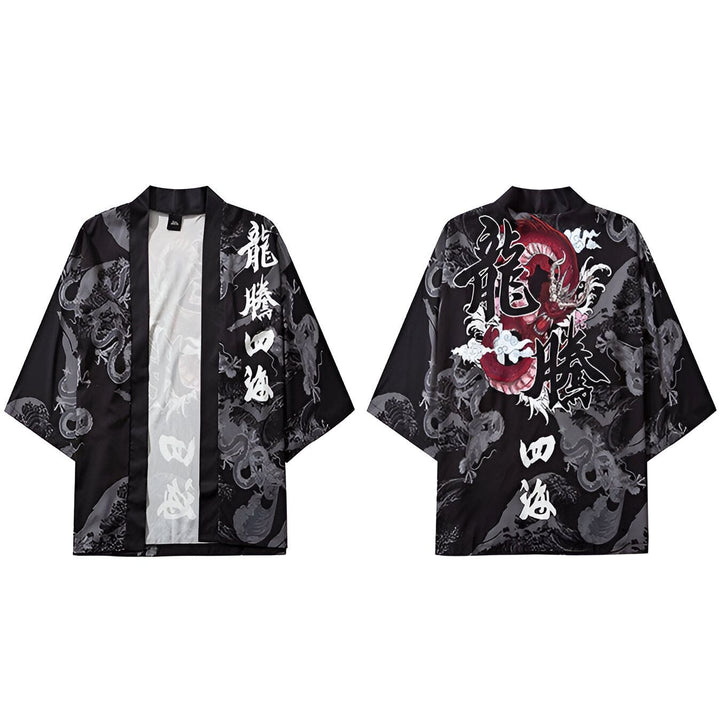 Kimono noir et blanc avec motif dragon japonais, vue de face et de dos. Vêtement traditionnel idéal pour un style unique.