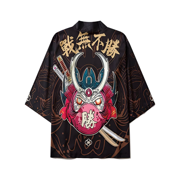 Kimono noir avec motif de samouraï rouge et blanc. Vêtement de style japonais. Idéal pour un look unique et tendance. Découvrez notre collection de kimonos.