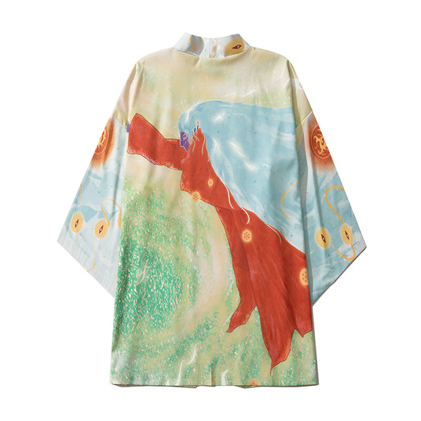 Kimono à motifs artistiques en rouge, bleu et vert. Vêtement traditionnel japonais avec un design unique. Découvrez notre collection de kimonos!