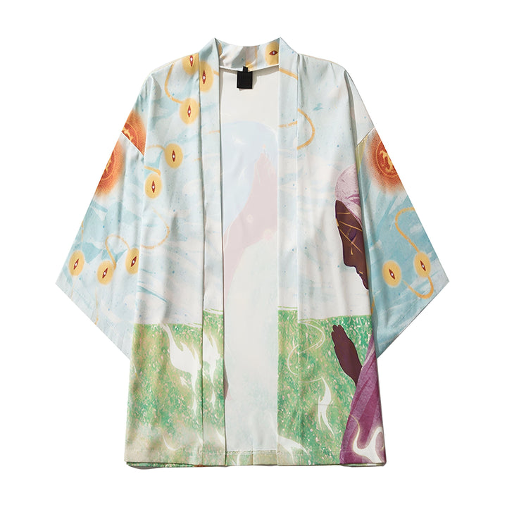 Kimono imprimé artistique sur fond clair. Vêtement d'extérieur tendance. Kimono pour homme et femme, style unique. Achetez votre kimono ici.