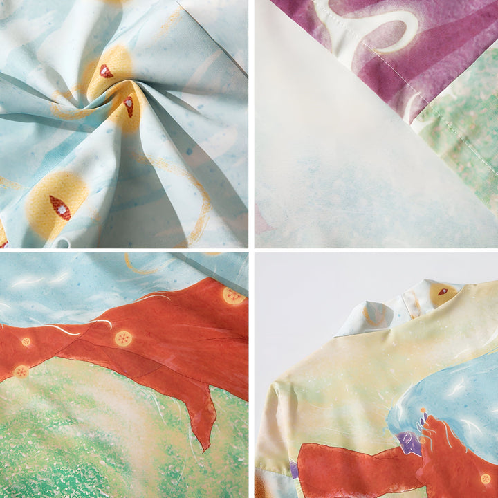 Détails du tissu de kimono avec motifs colorés abstraits. Textile imprimé pour vêtements japonais. Texture de haute qualité. Motifs artistiques.