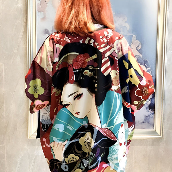 Kimono imprimé avec motif de geisha. Vêtement japonais coloré, parfait pour un style unique. Découvrez notre collection de kimonos originaux.