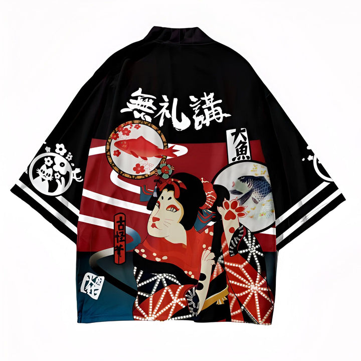 Kimono noir avec motifs japonais: poissons, kanji, chat-geisha. Vêtement unique, idéal pour un style affirmé. Découvrez notre collection de kimonos originaux.